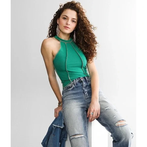 Gilded Intent High Neck Open Back Green Ribbed‎ Tank Top Women's Small - Picture 2 of 8